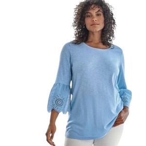 J Jill Shirt M Blue Eyelet Crochet Bell Sleeve Embroidery Boho Tunic Top Peasant